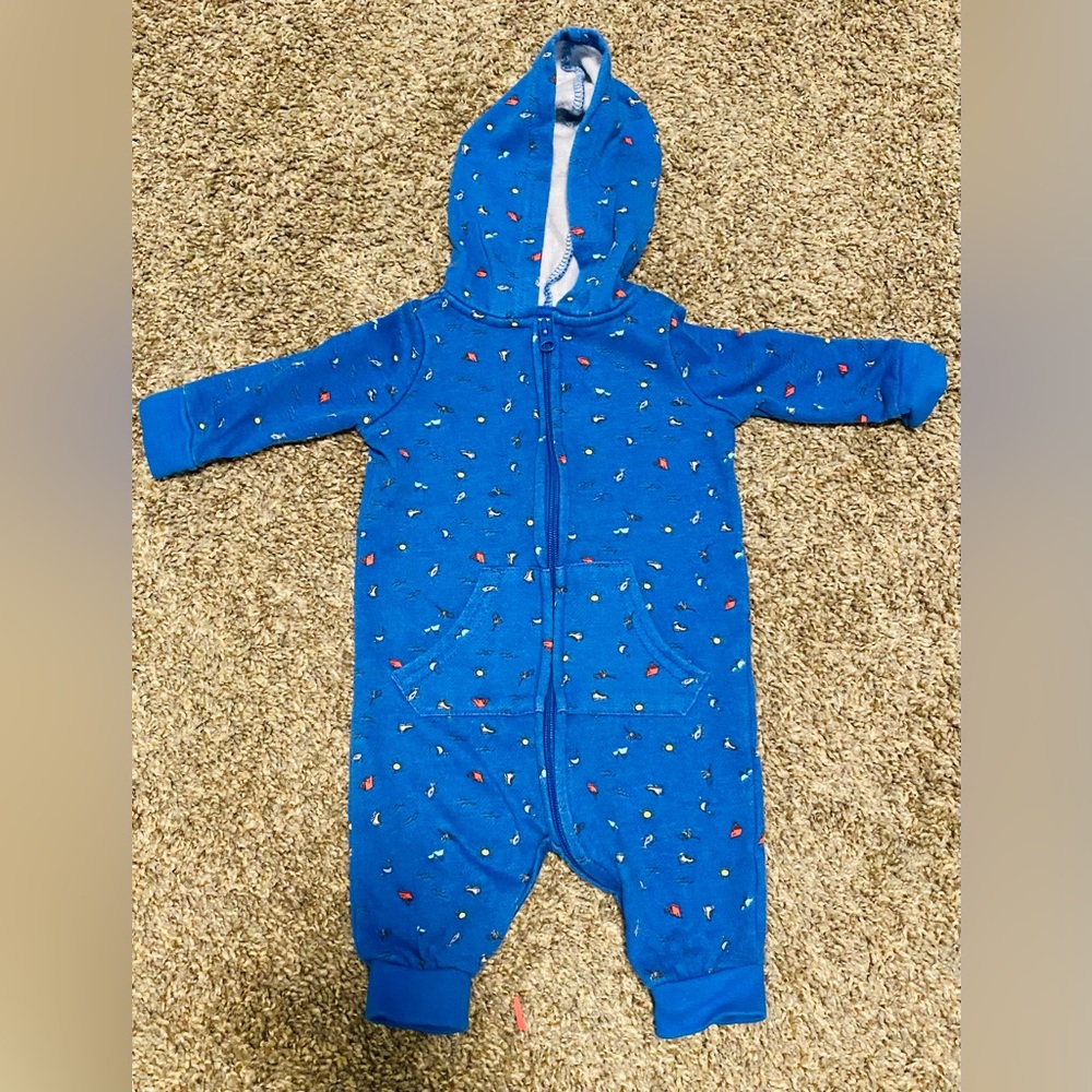 Ocean + Coast Fleece Graphic Romper Hooded Blue 6m